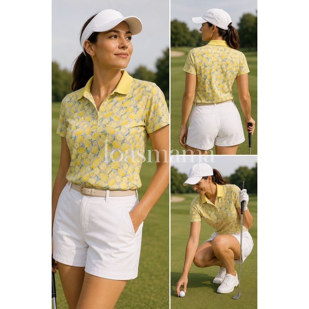 Lands’ End Lemon Print Polo Shirt Women’s Small Yellow Citrus Golf 100% Cotton